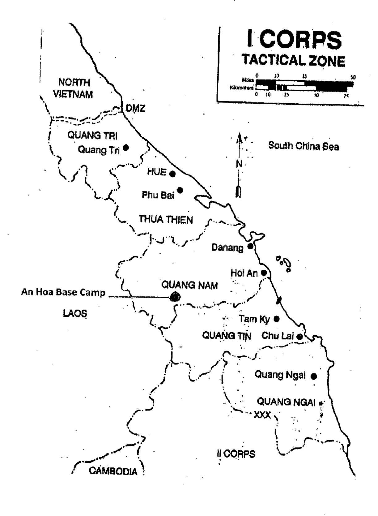 I Corps Tactical Zone map denoting locations of An Hoa base camp, Laos, Cambodia, and the DMZ. The author operated in the top three providences during his tours