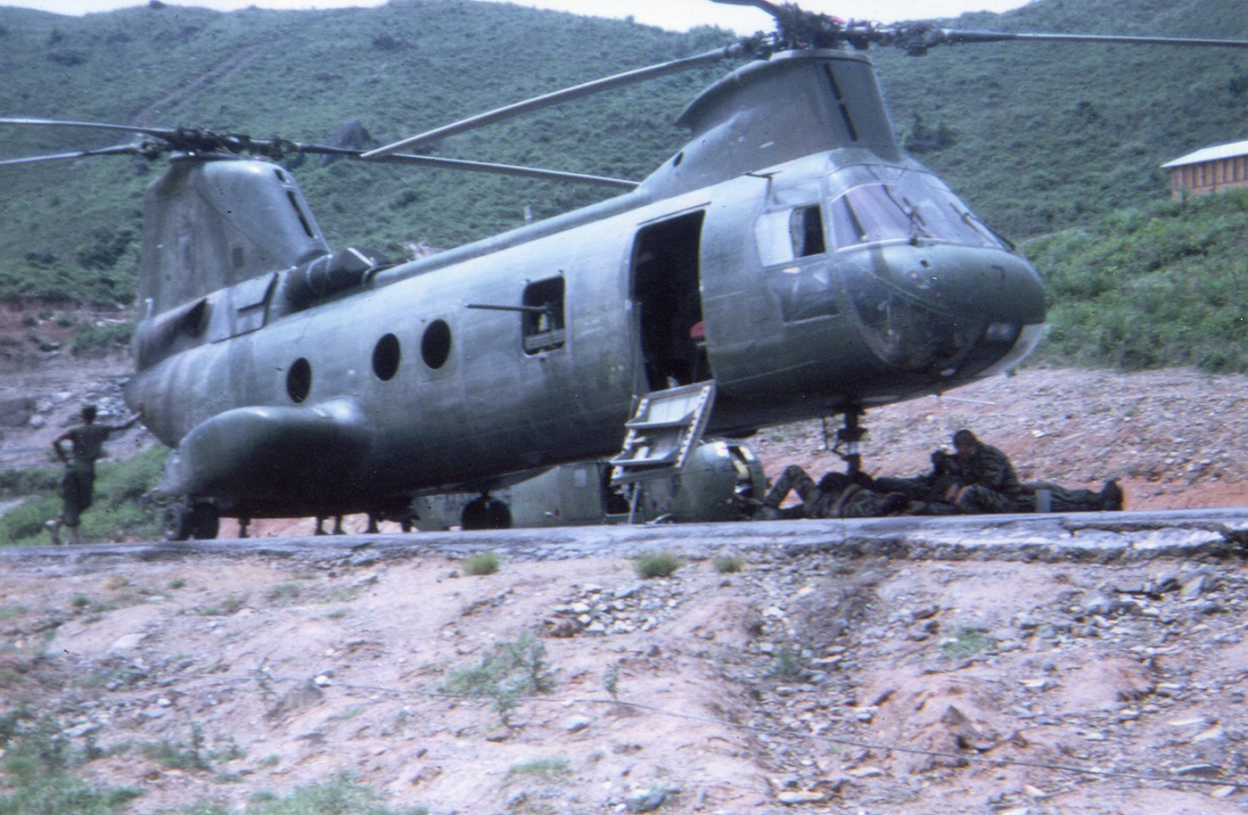 CH46 Sea Knight staged on LZ during Rough Rider duty – photo taken in December 1967
