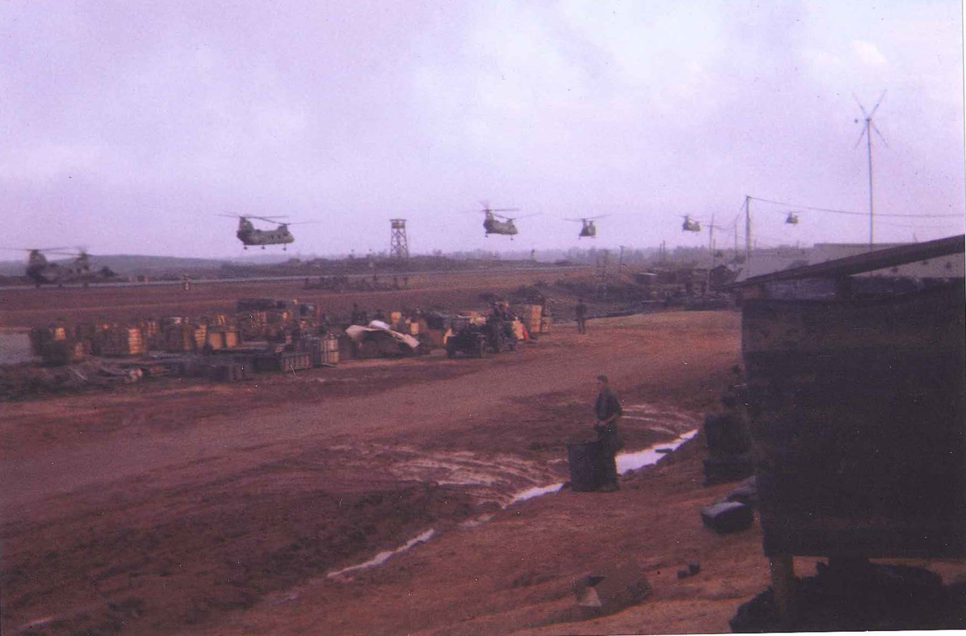 Launch of 75 CH46 Sea Knight choppers from An Hoa LZ beginning Operation Meade River – photo taken in November 1968