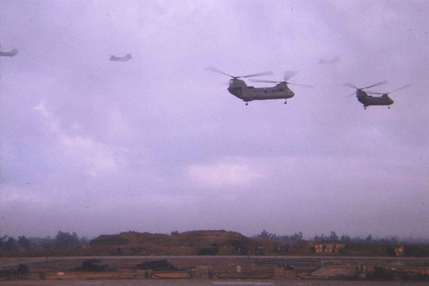 CH46 Sea Knight choppers aligning for assault after liftoff at the beginning of Operation Meade River – photo taken in November 1968